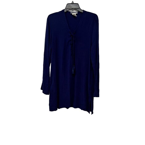 New La Blanca Size L V-Neck Cover-Up Tunic Dress Pockets tassel trim Navy Blue - Picture 2 of 10